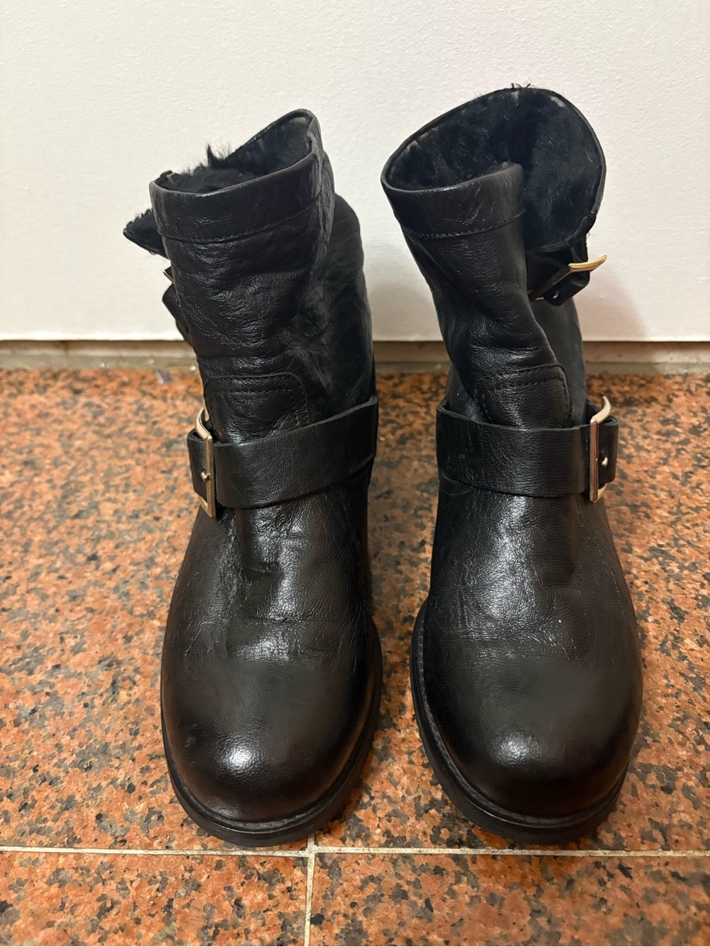 Jimmy Choo Black Leather Fur-Trim Buckle Ankle Boots